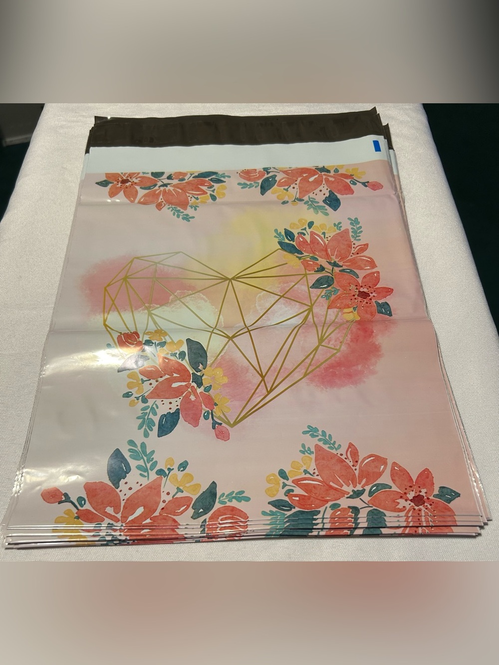 Pink & Teal Floral Poly Mailers with Gold Geometric Heart Accent 10”W x 14.5”T